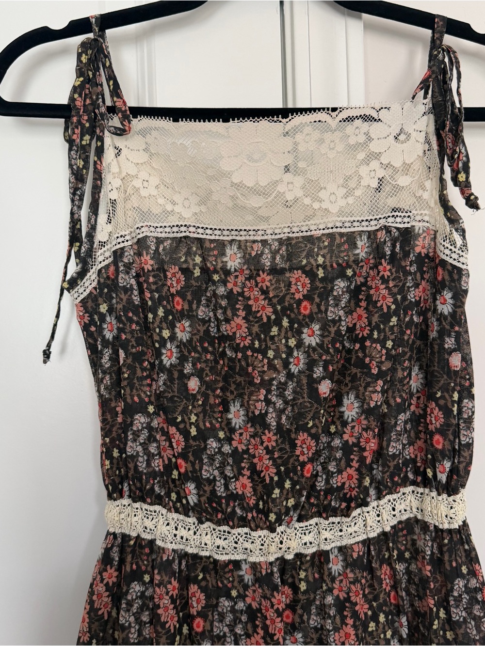 Vintage 70s 80s Prairie Boho Floral Lace Trim Mini Dress with Shawl - Picture 5 of 5